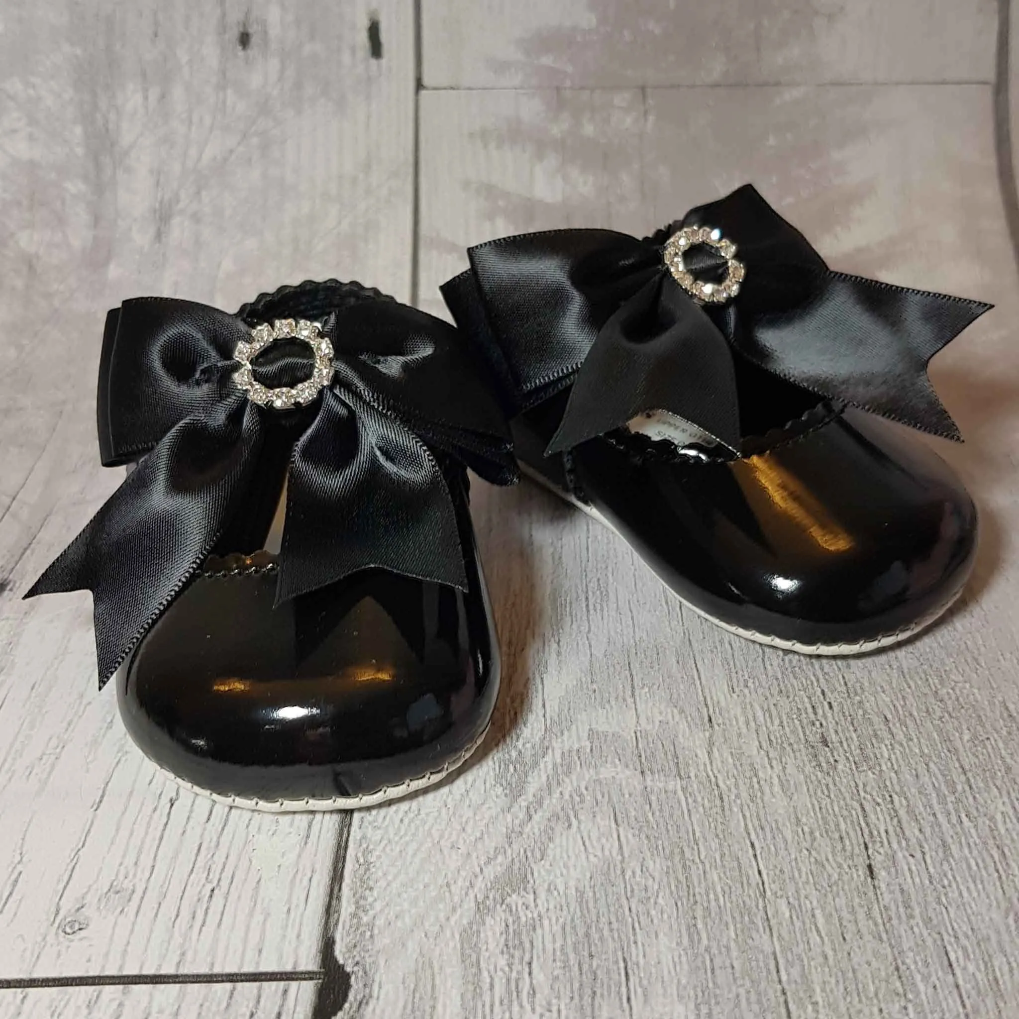 Baby Girl Black Shoes - Large Satin Bow with Diamante