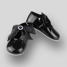 Baby Girl Black Shoes - Large Satin Bow with Diamante