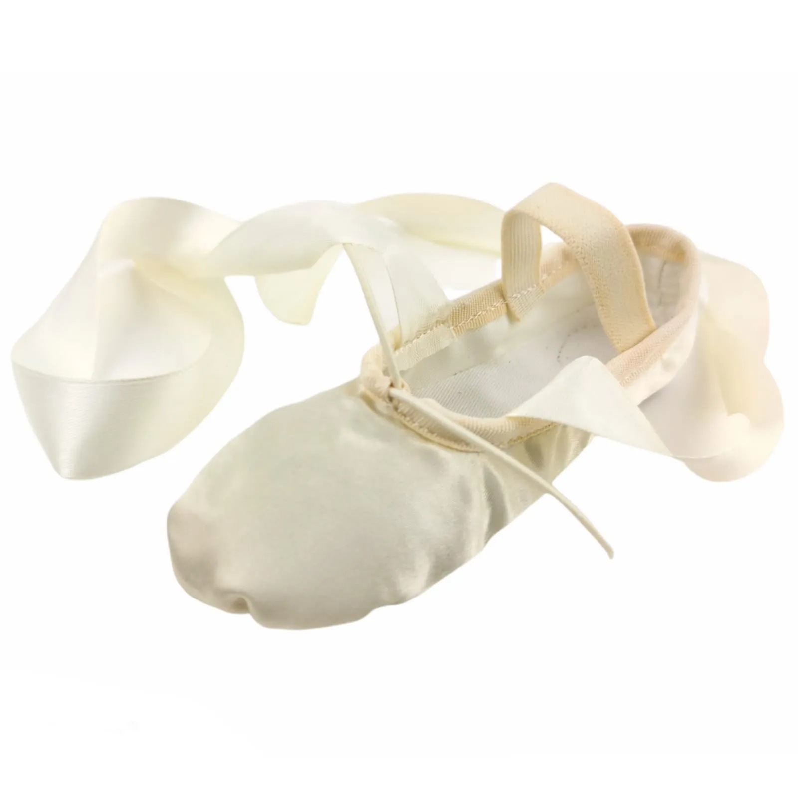 Ballet Shoes for girls with Ribbons, Off white Silky Satin with Leather Split Sole