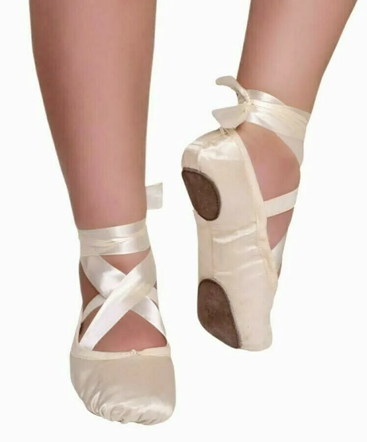 Ballet Shoes for girls with Ribbons, Off white Silky Satin with Leather Split Sole