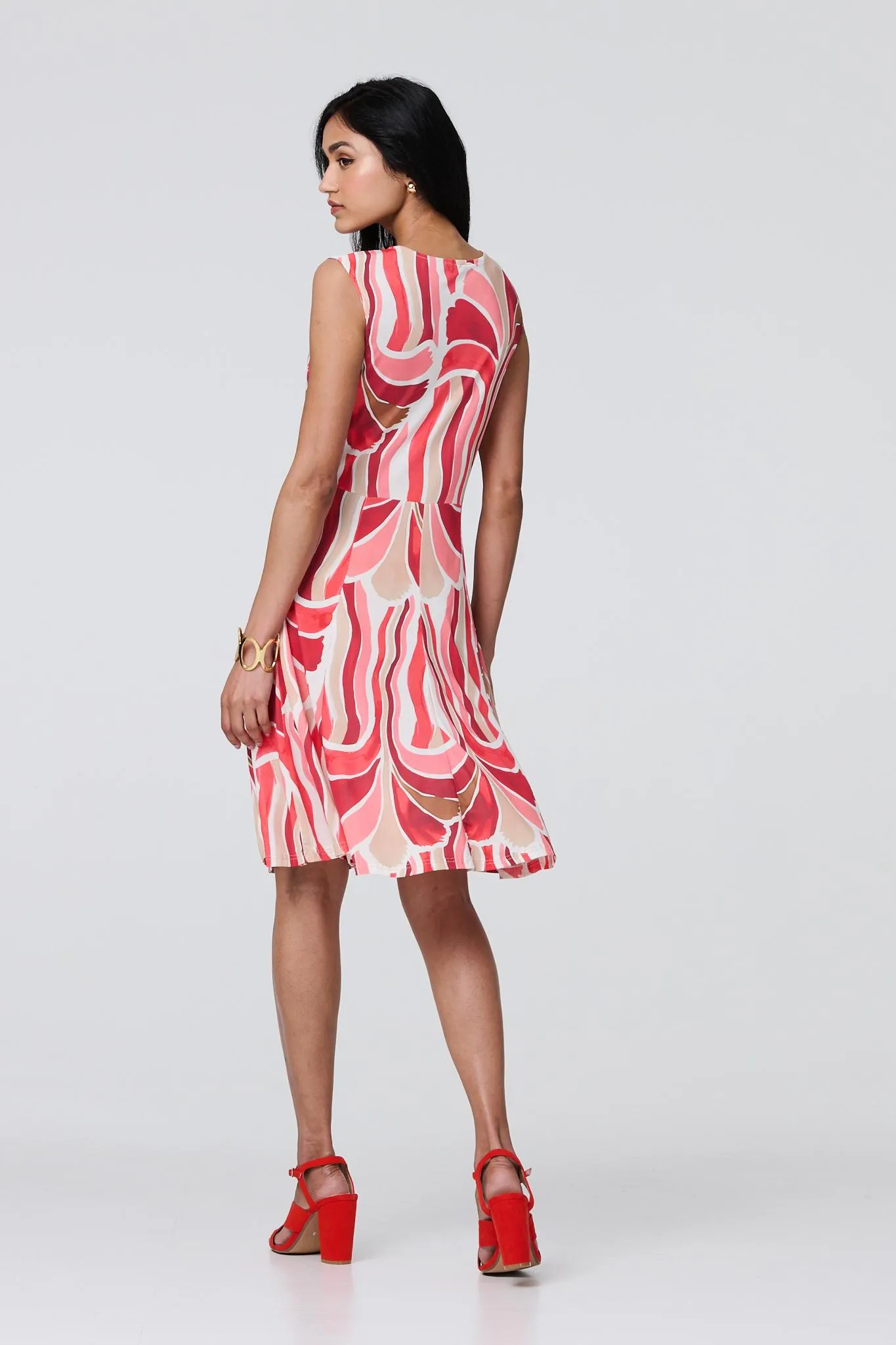 Brushstroke Print Sleeveless Knee Length Dress