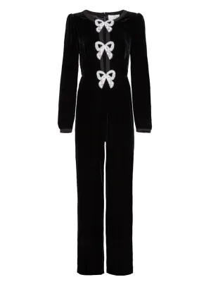 Camille Velvet Embellished Bows Jumpsuit in Black