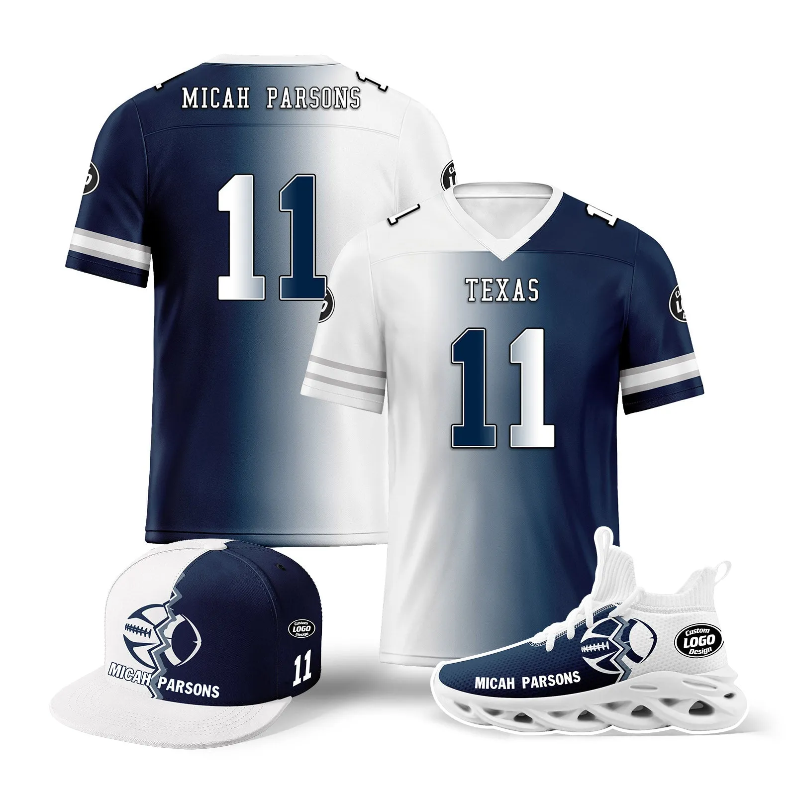 Custom Deep Blue White Texas Football Jersey MaxSoul Shoes and Hat Combo Offer Personalized Combo ZH-D028018-5