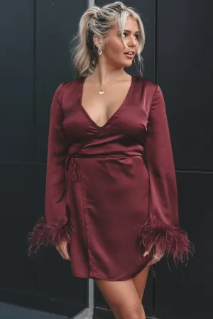 DEAL Ruffled Feathers Burgundy Satin Wrap Dress