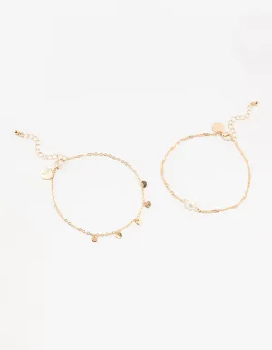 Gold Pearl Disc Pendant Anklets 2-Pack