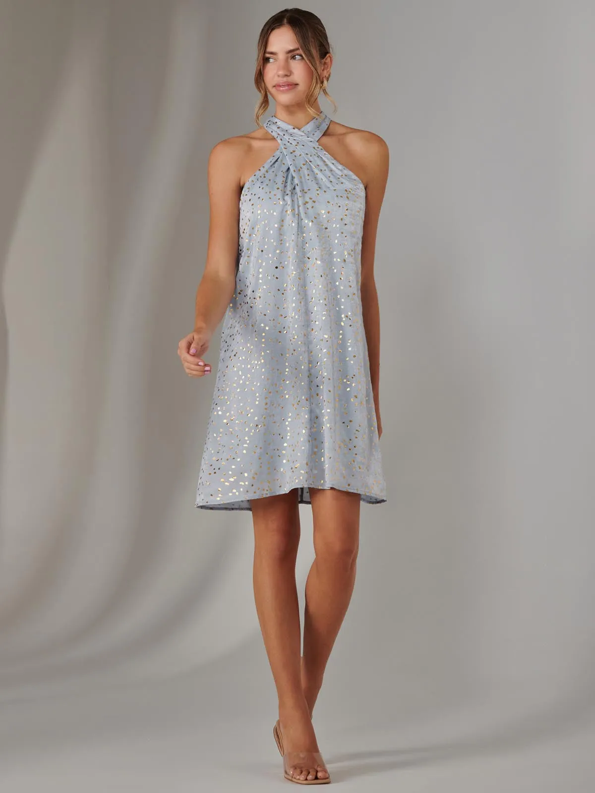 Halter Neck Tie Mini Dress, Light Blue