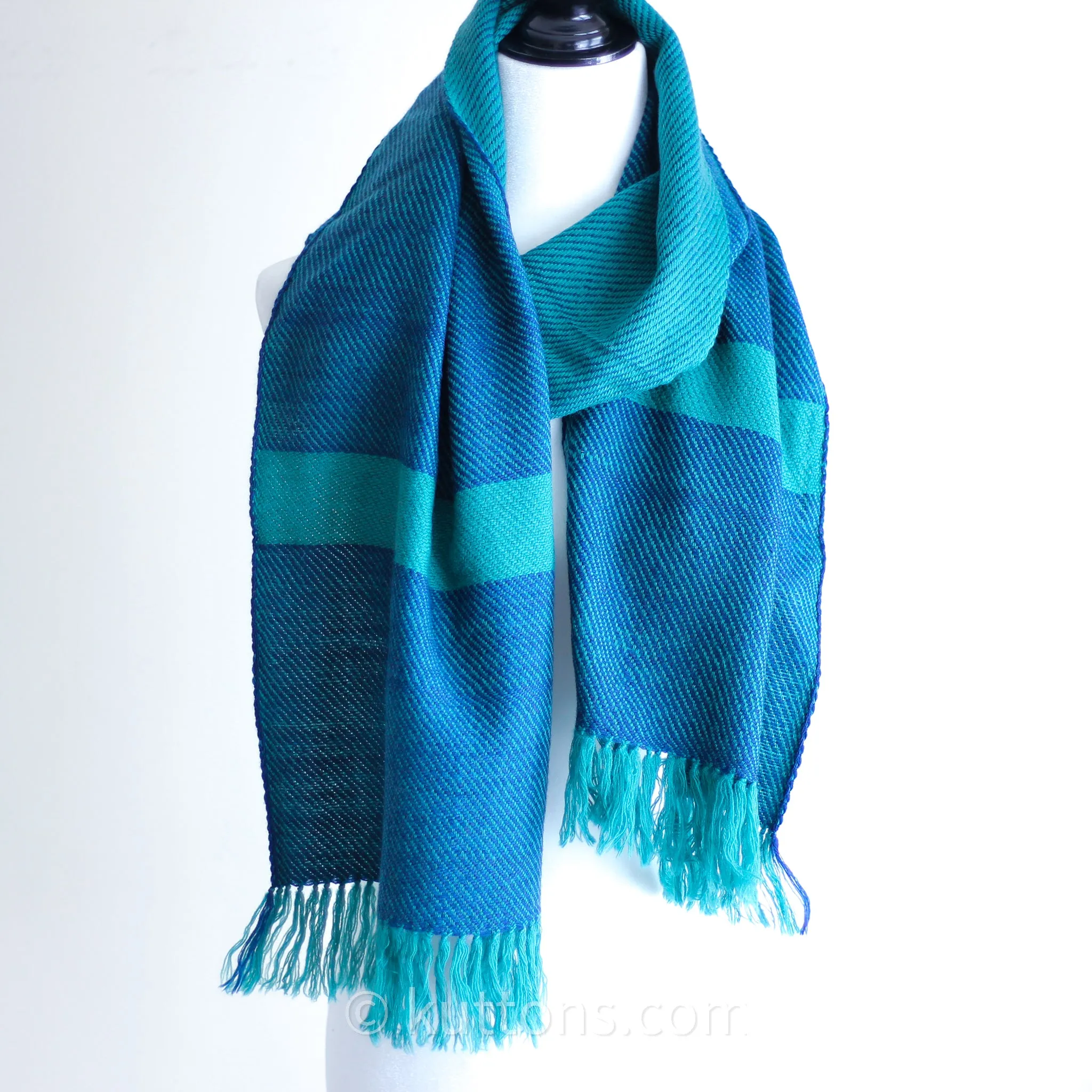 Handwoven Woolen Scarf - Naturally Dyed with Indigo and Tesu Flowers | Green-Blue, 12x72"