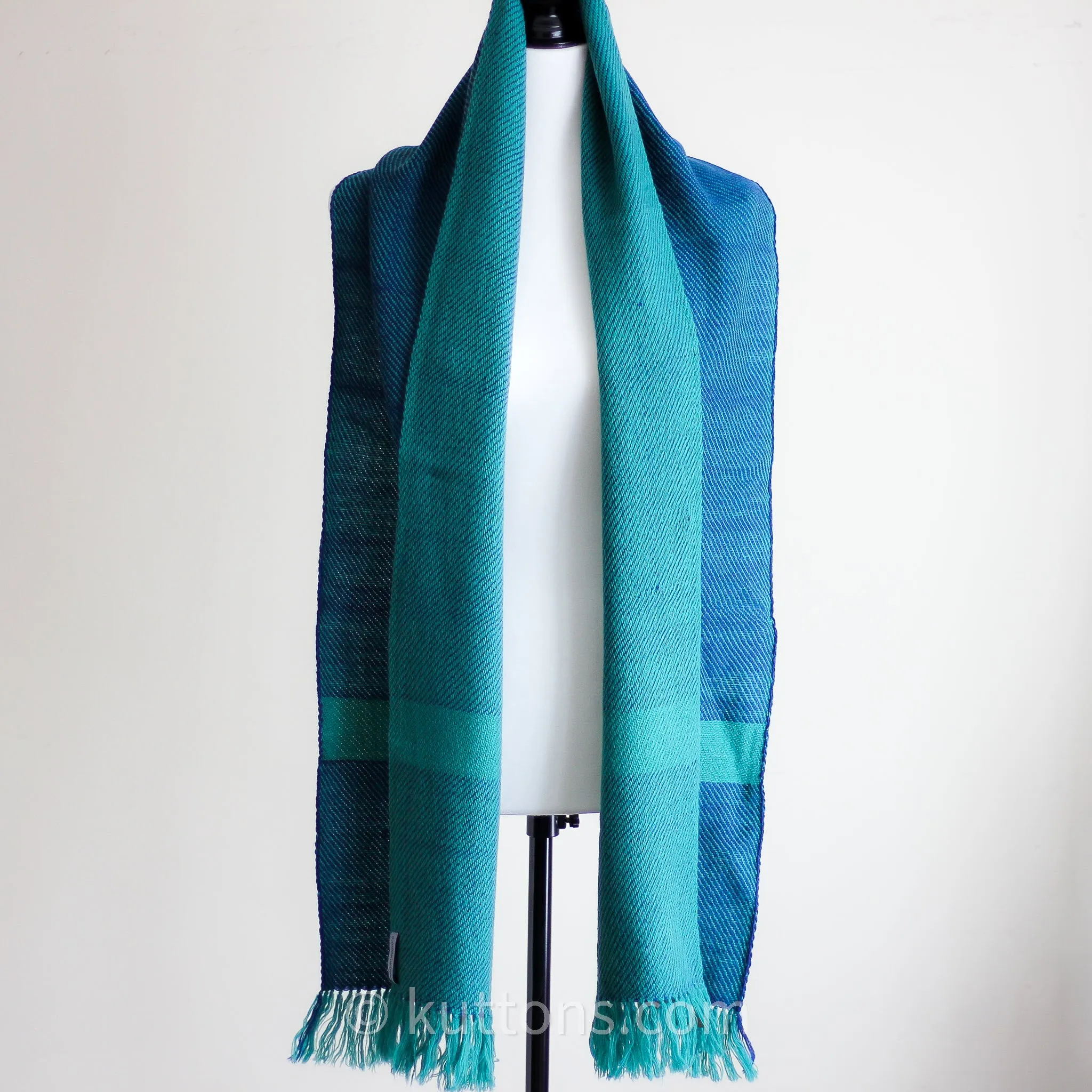 Handwoven Woolen Scarf - Naturally Dyed with Indigo and Tesu Flowers | Green-Blue, 12x72"