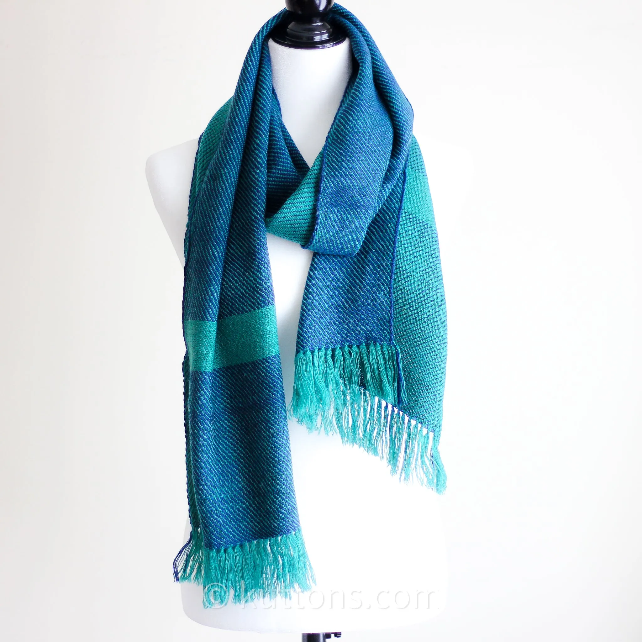 Handwoven Woolen Scarf - Naturally Dyed with Indigo and Tesu Flowers | Green-Blue, 12x72"